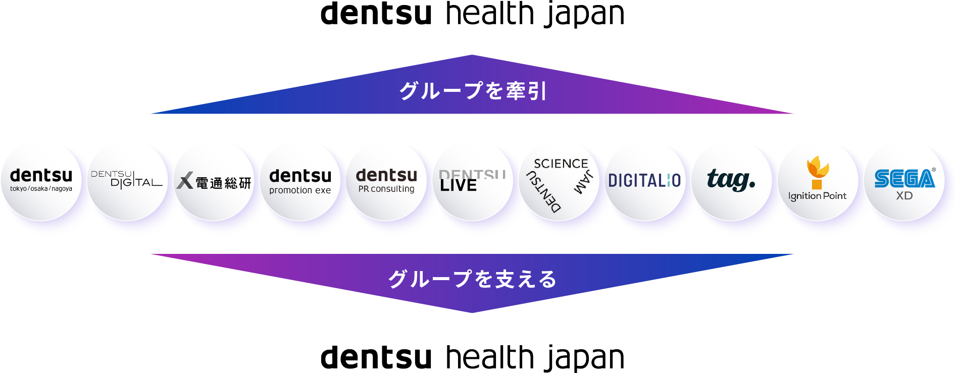 電通グループのロゴ一覧が中心に集められていて上下に電通ヘルスジャパンのロゴがある。電通グループのロゴ一覧から上下の電通ヘルスジャパンのロゴに向け、それぞれグループを牽引、グループを支えると書かれている。
